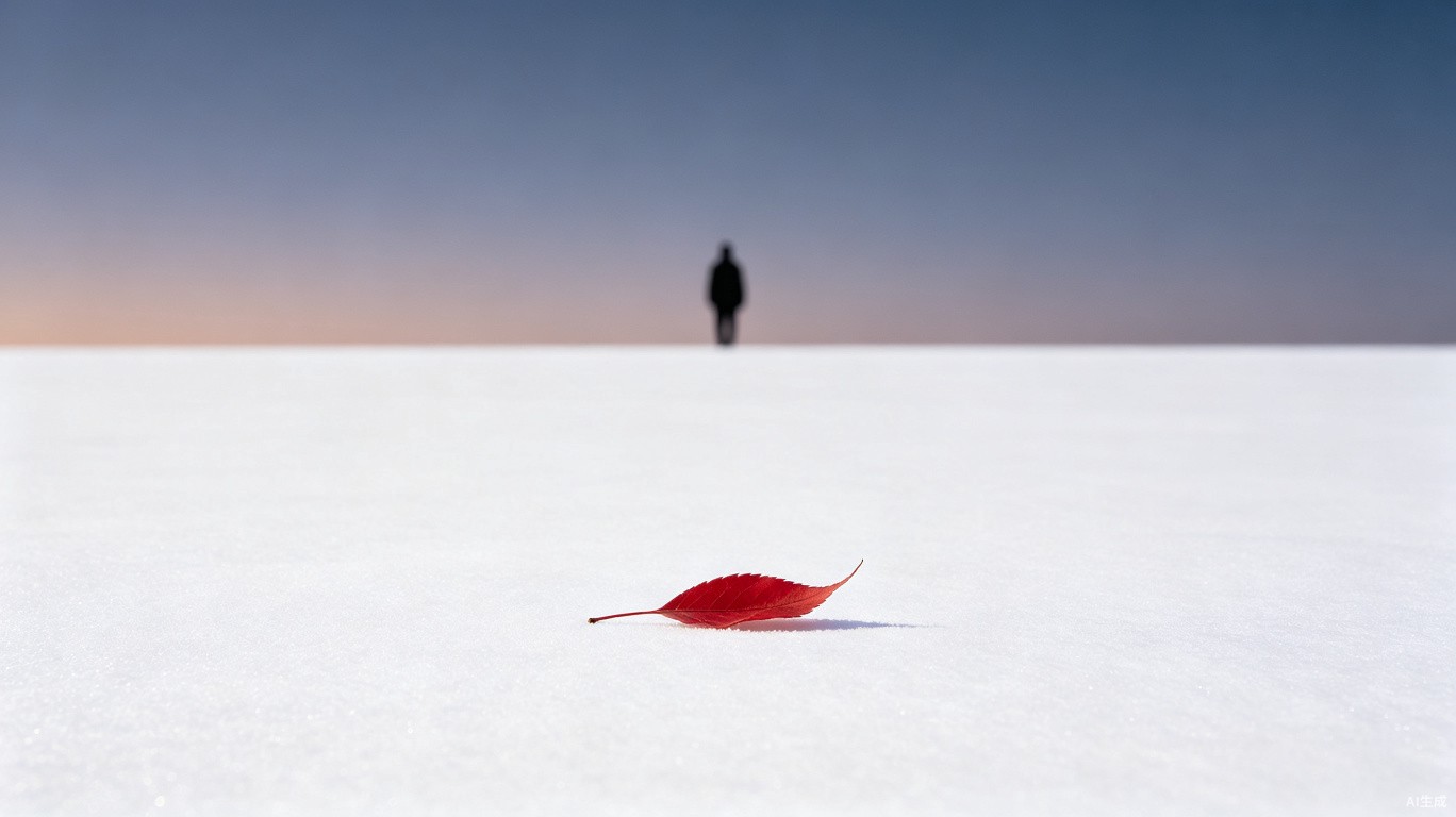 图10：极简构图示例——纯白雪地上的一片红叶，极致简约