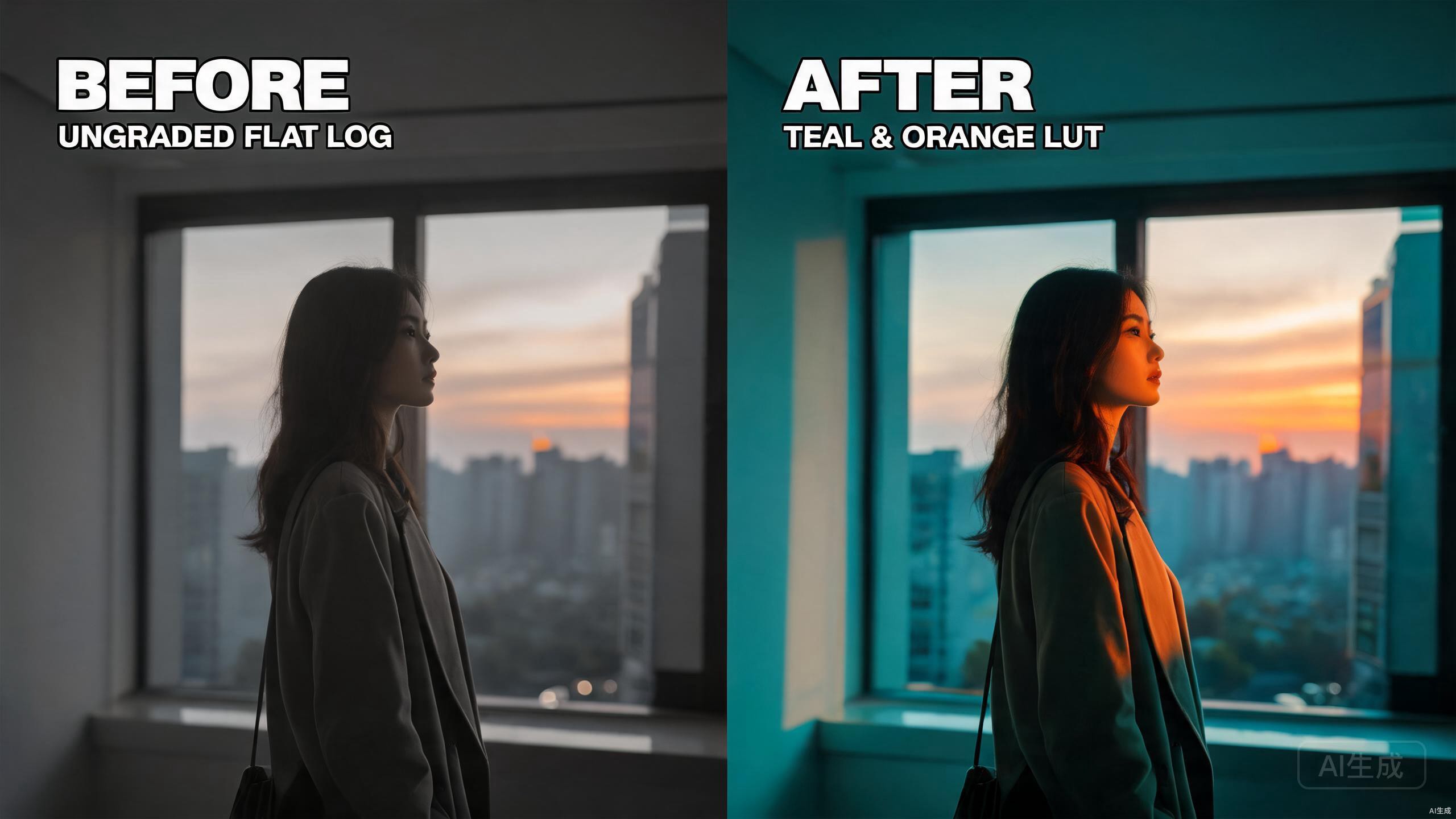 LUT调色前后对比的电影感效果